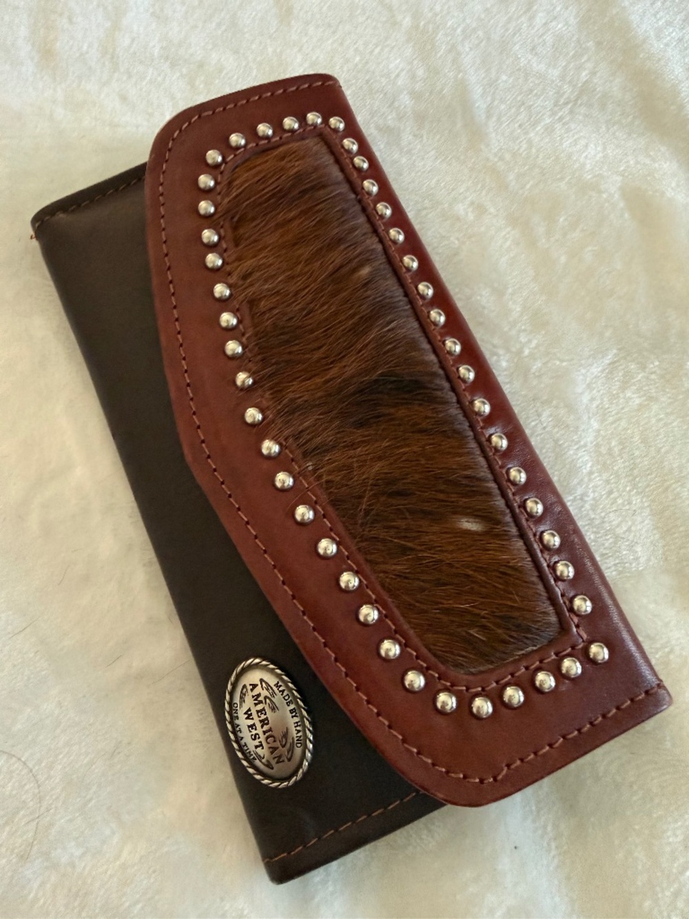 American West Leather Cowhide Hair-On-Hide Checkbook Wallet Studded Brown